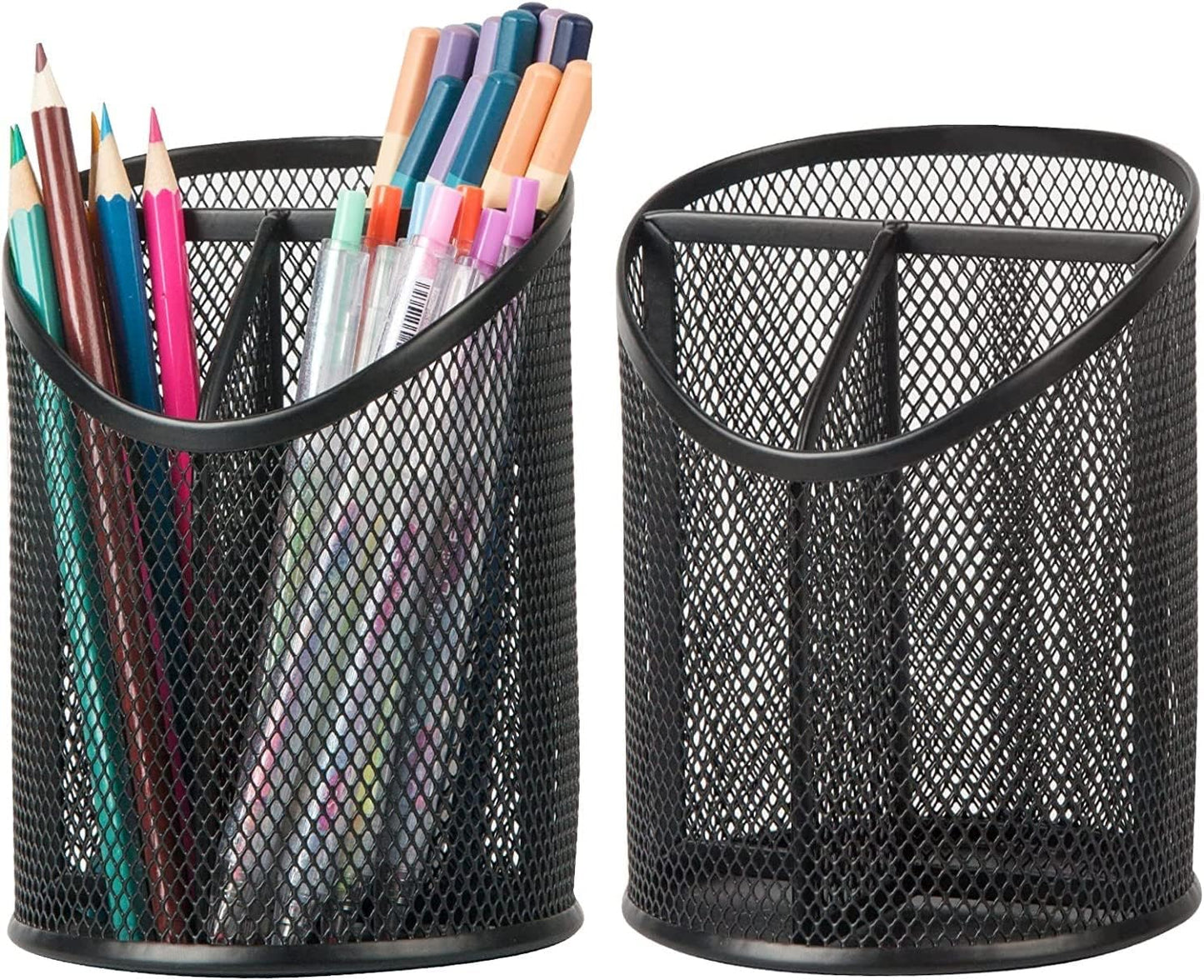 Black Metal Mesh Round Pencil Holder – 5.9" Tall Multifunctional Desktop Organizer for Stationery & Makeup Brushes