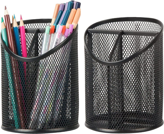 Black Metal Mesh Round Pencil Holder – 5.9" Tall Multifunctional Desktop Organizer for Stationery & Makeup Brushes